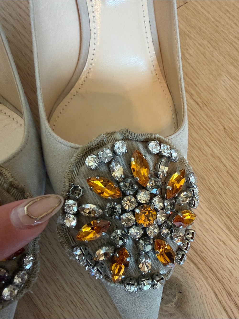 Prada Beige Suede Pointed-Toe Pumps with Amber Crystal Brooch - Picture 2 of 7